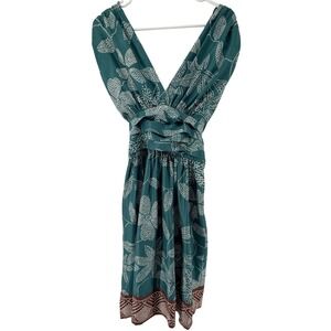 BCBG Max Azria 100% Silk Dress Womens Green Wrap Tie Waist Boho